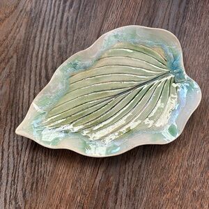 “PM” Art Pottery Ceramic Leaf Dish, 7-1/2”. Pale Green.
